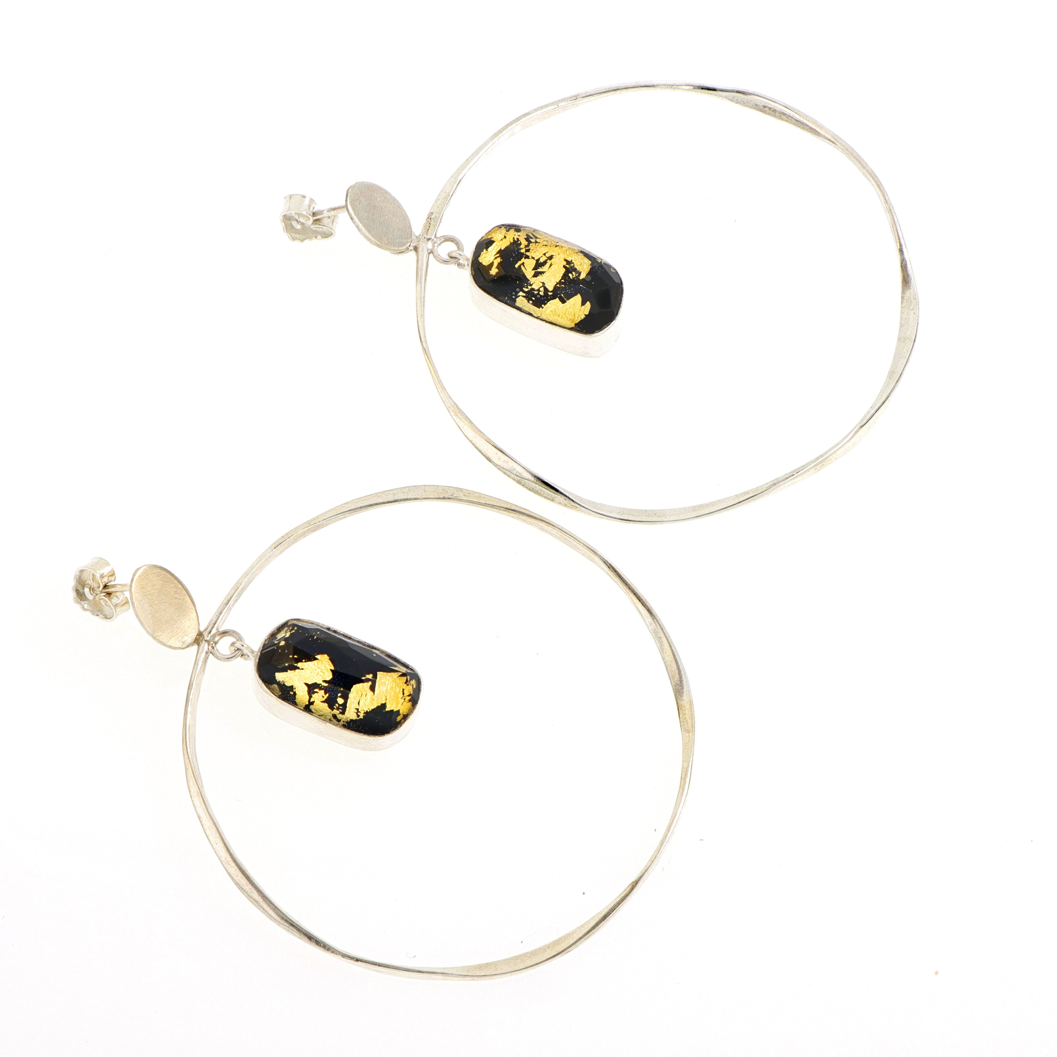 Athena hoops with black Onyx and gold leaves